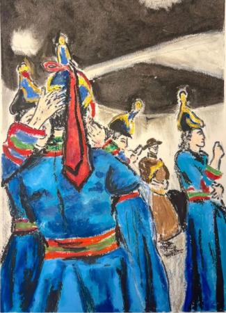 A pastel drawing of a group of men standing in matching blue robes and headdresses